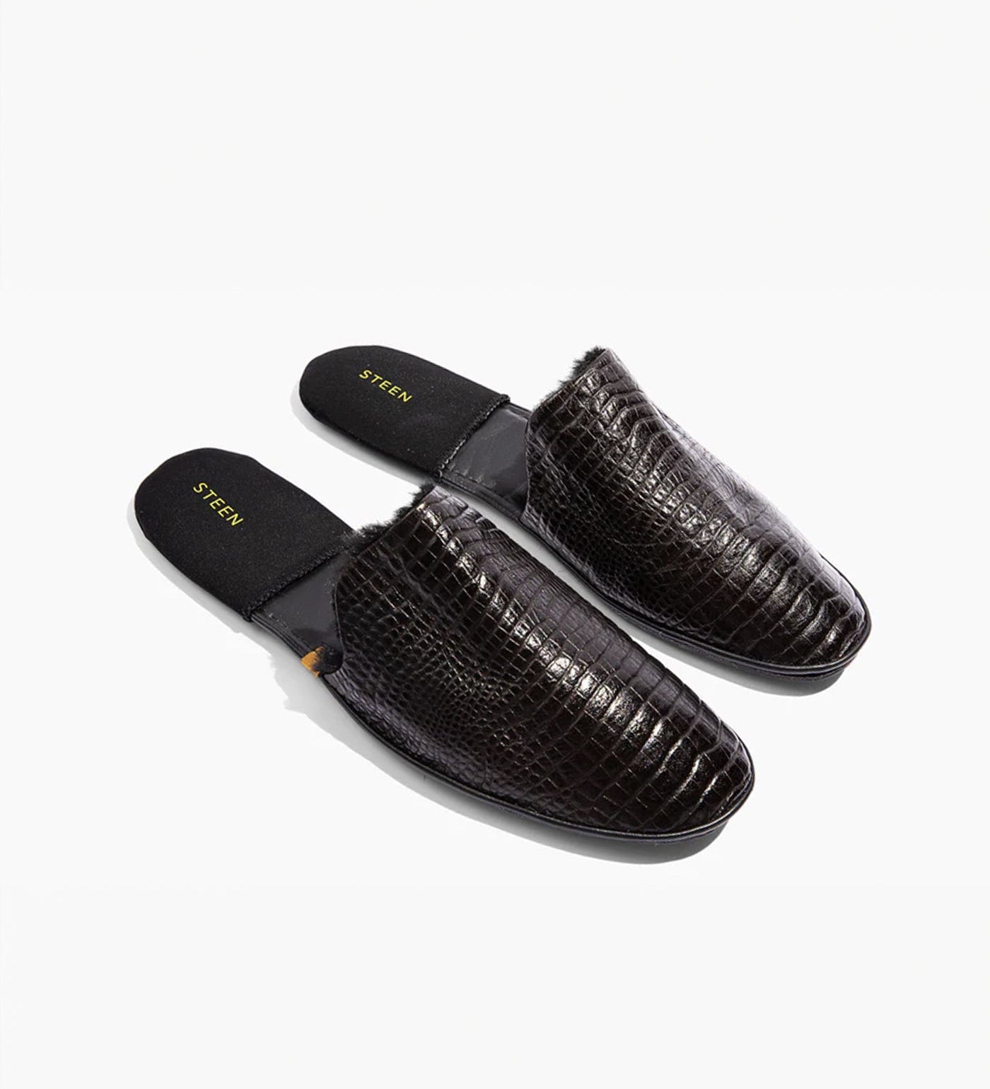 Men’s Crocodile Embossed Leather Foldable Slippers with Eco-Fur