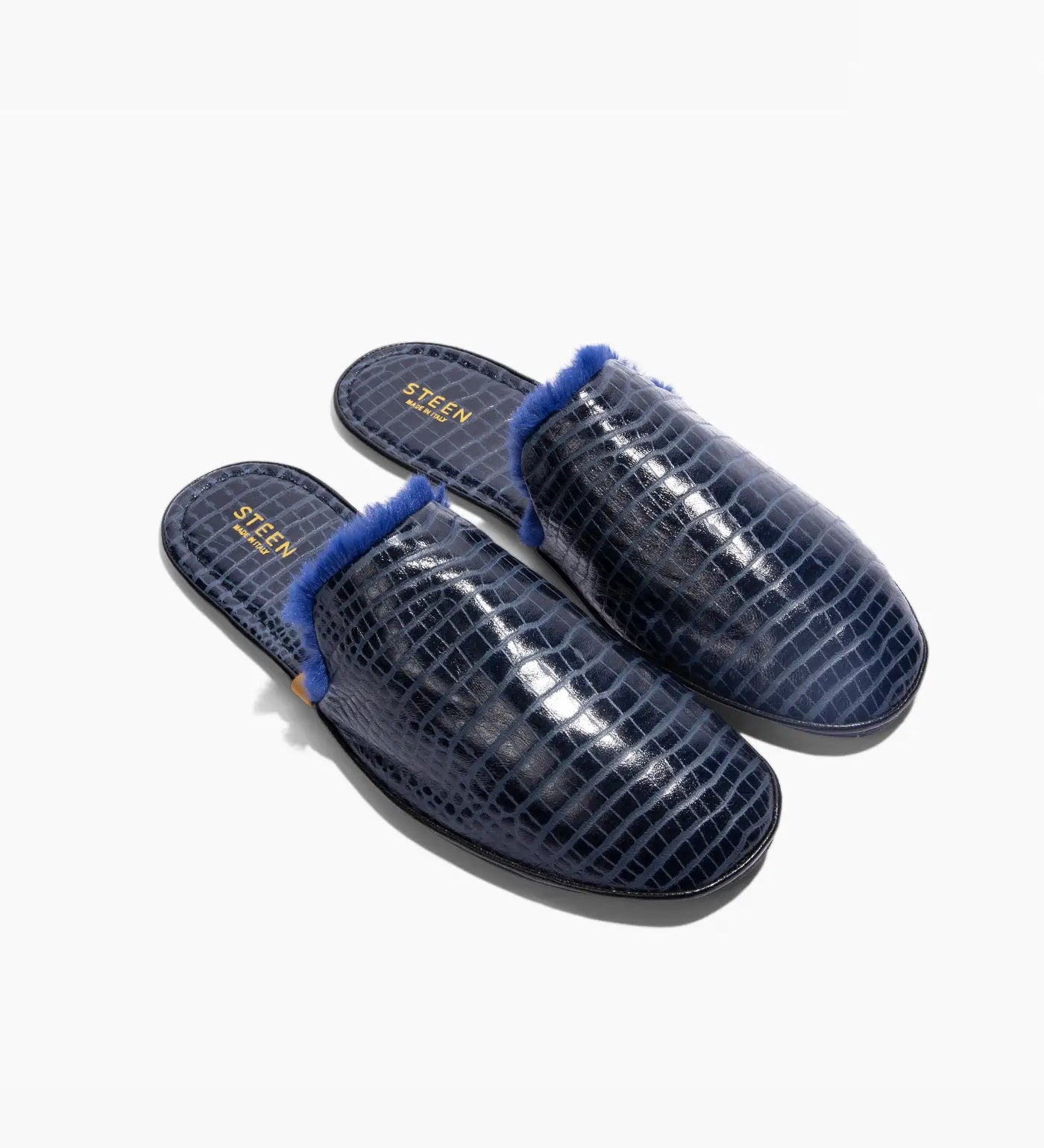 Women’s Crocodile Embossed Leather Foldable Slippers with Eco-Fur