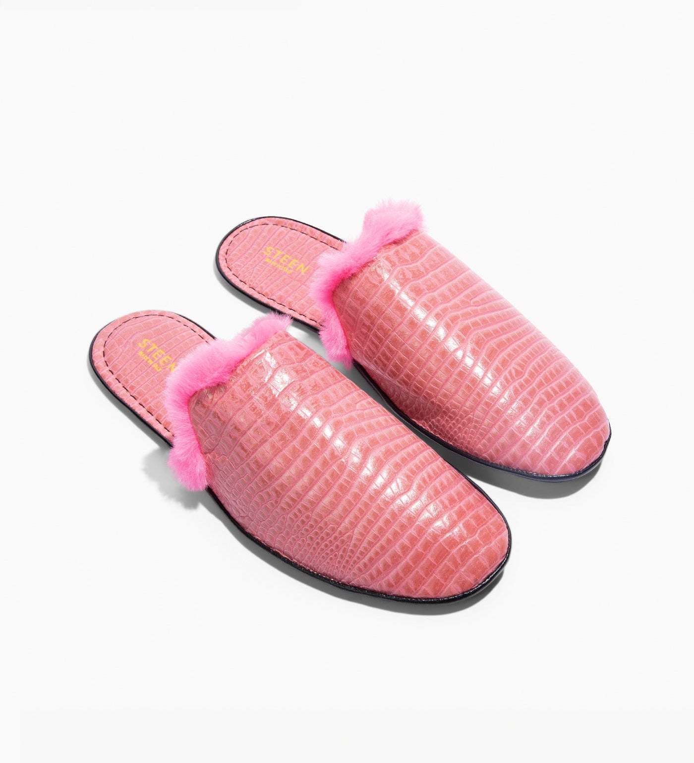 Women’s Crocodile Embossed Leather Foldable Slippers with Eco-Fur