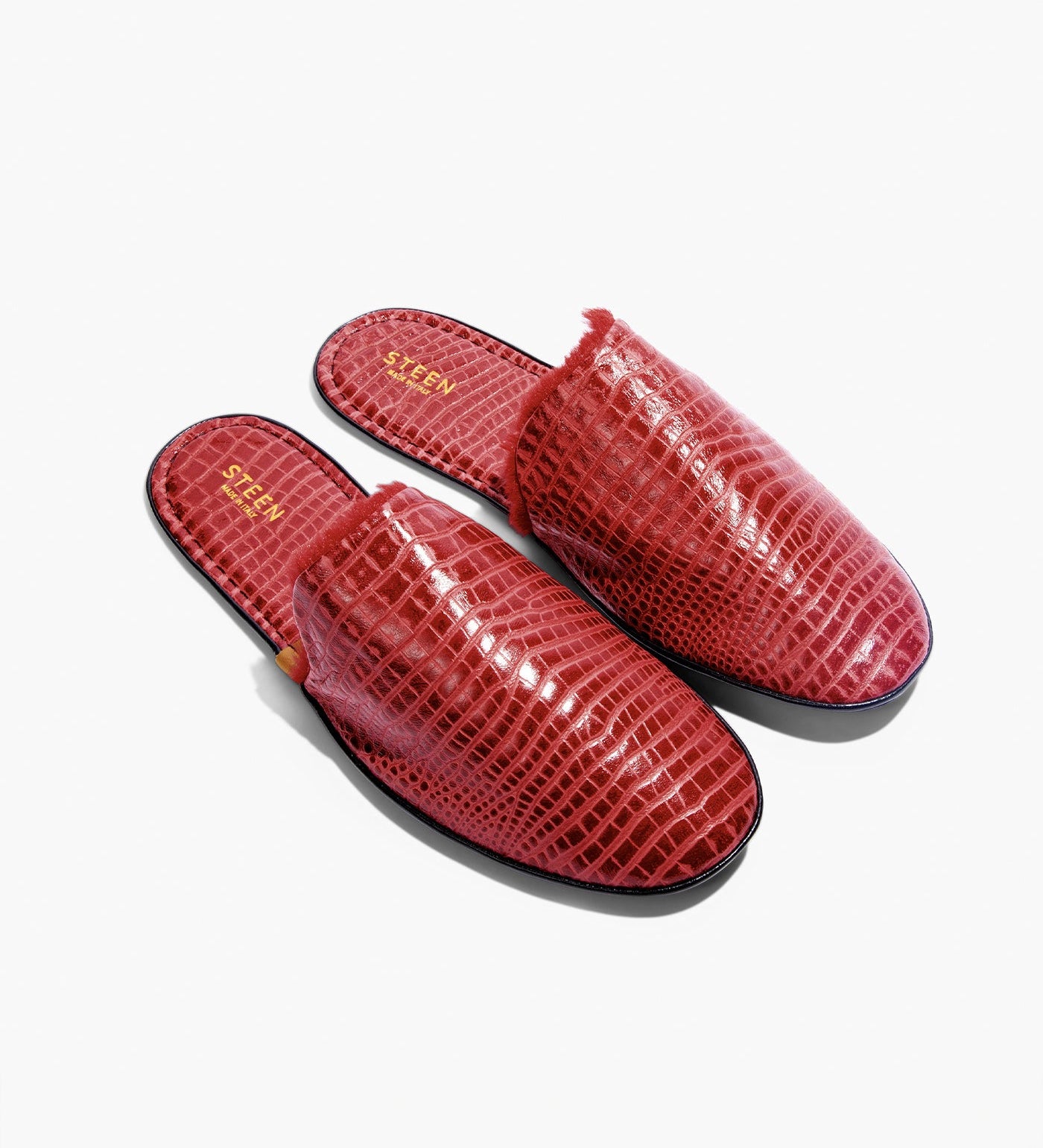 Women’s Crocodile Embossed Leather Foldable Slippers with Eco-Fur